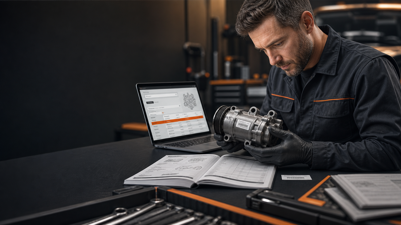Mechanik analizujący numer OEM części samochodowej na stanowisku roboczym