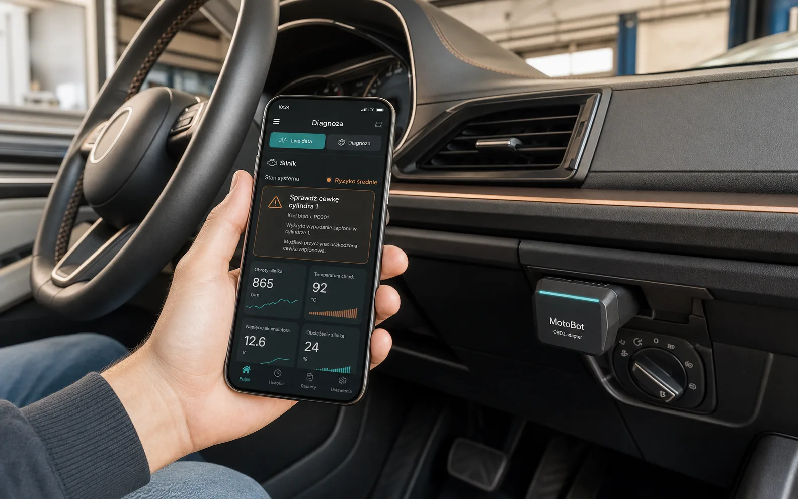 Smartfon z aplikacją MotoBot i adapter OBD2 podłączony w samochodzie podczas diagnozy