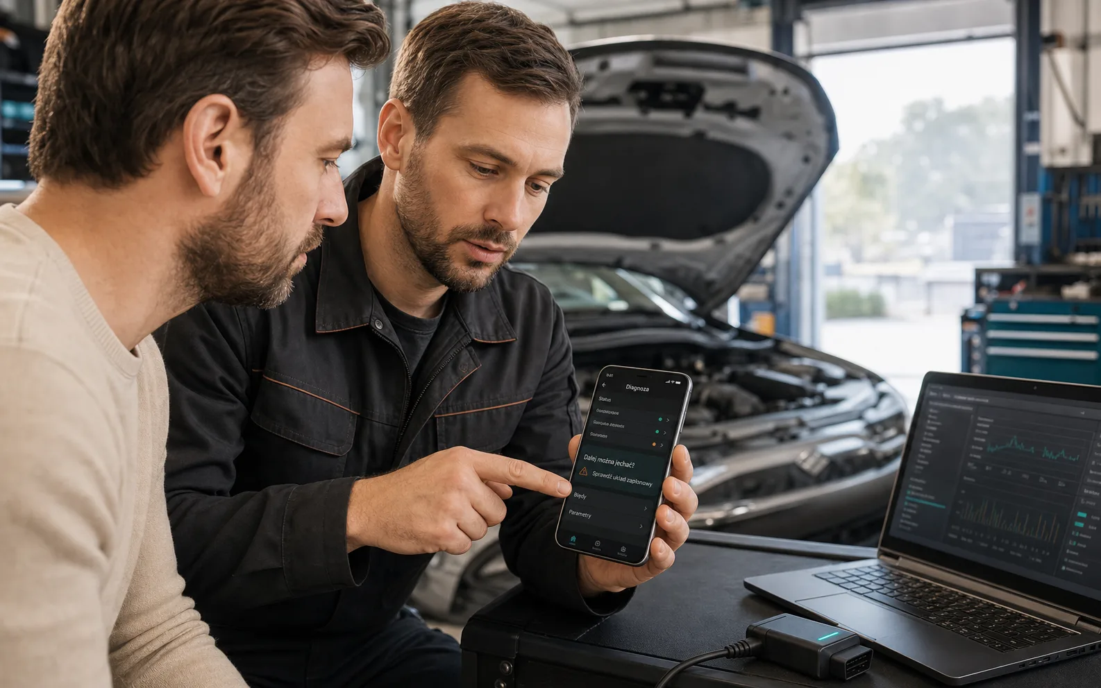 Mechanik i kierowca analizują diagnozę MotoBot przy samochodzie z otwartą maską